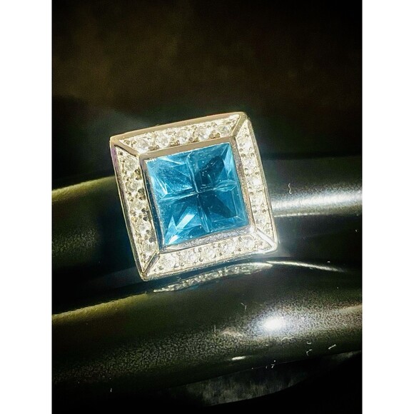 Vintage Signed Prime Art & Jewel Etched Aquamarine Sterling Silver Ring Sz 6 - Picture 2 of 6